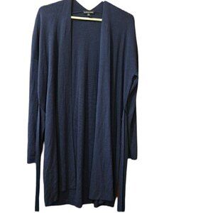 Eileen Fisher Blue Ribbed Cardigan Long Line Belted Sweater Med Tencel